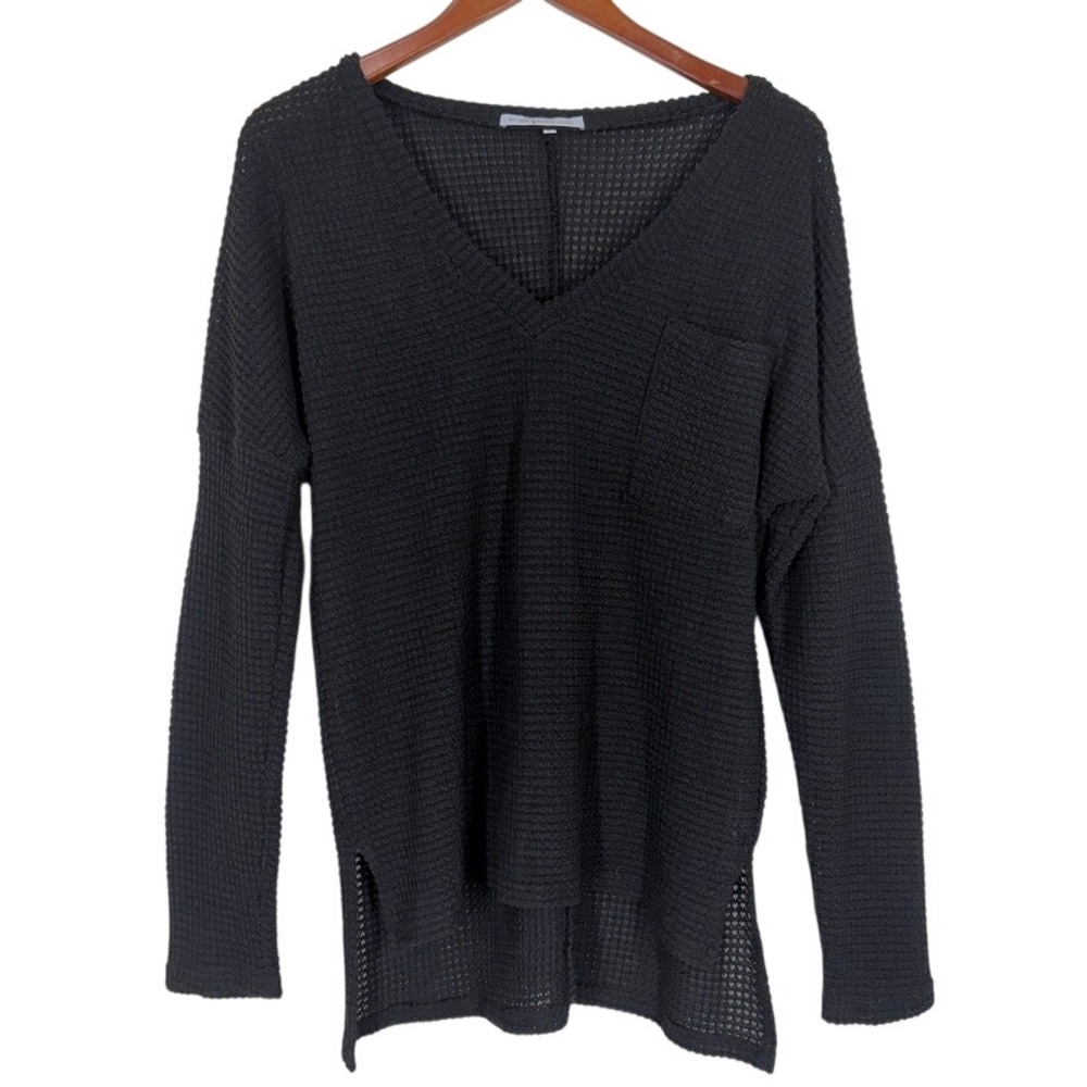 Womens V-Neck Waffle Knit Semi-Sheer Sweater Size L Black Grunge Layering